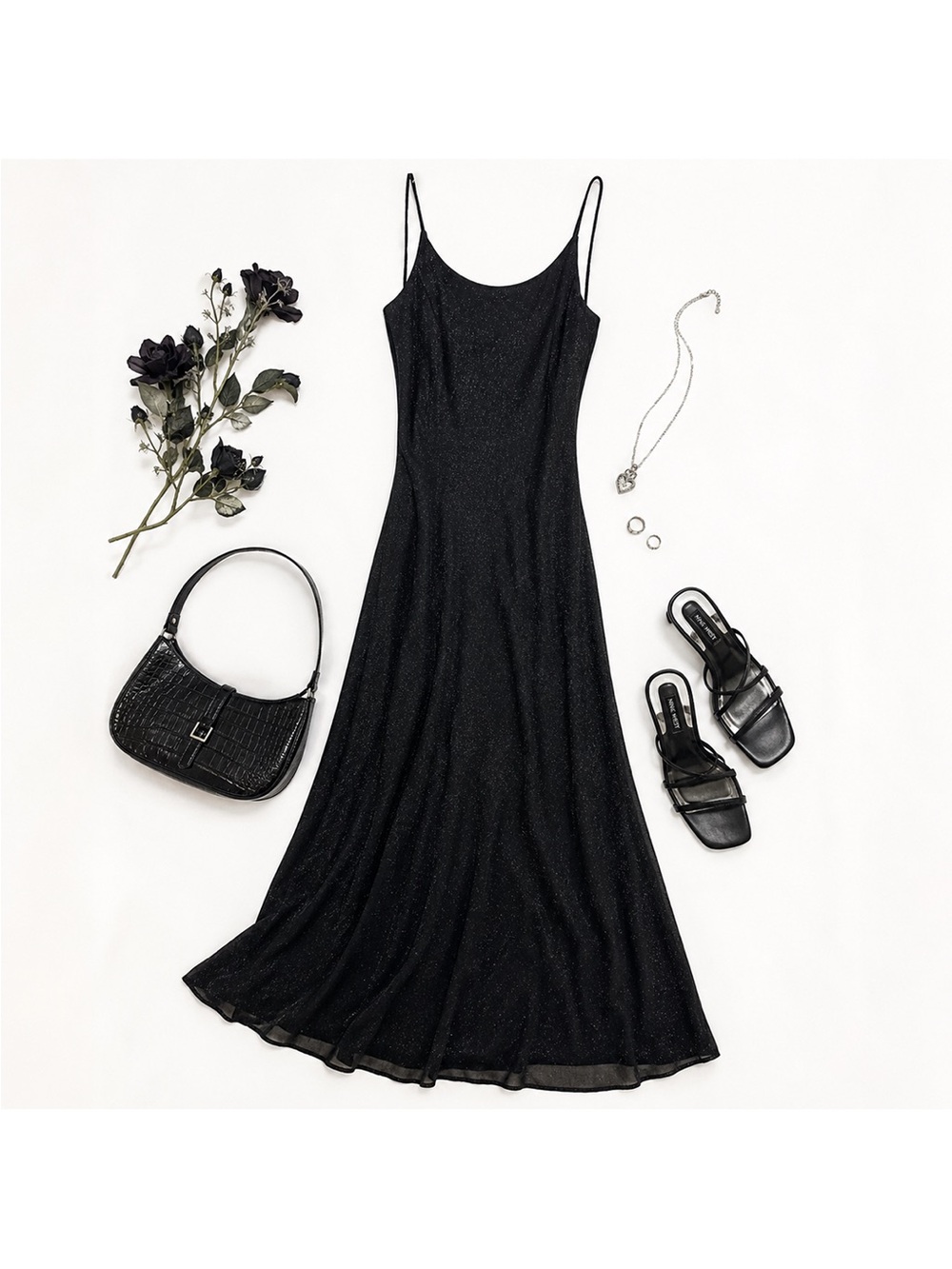Vintage 90s Black Glitter Maxi Dress Junior 11/12 Prom Formal Slip Dress